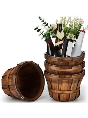 Round Wooden Baskets 4 PACK With Handle Wood Apple Fruit Easter Decor BROWN New